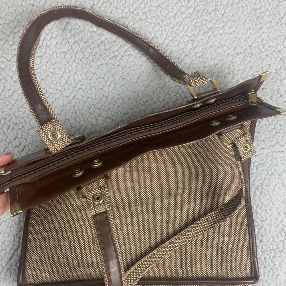 Vintage‎ 70s Tweed Satchel Tote Bag Handbag Striped Business 12x13 Retro Purse